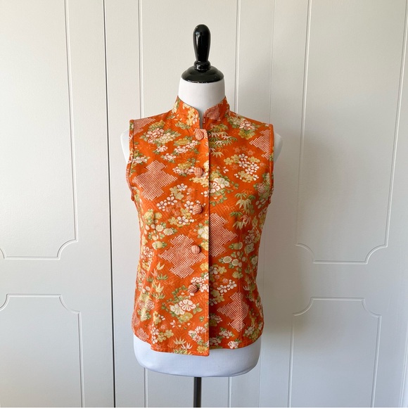 Vintage Asian Orange Floral Sleeveless Top - Picture 4 of 9